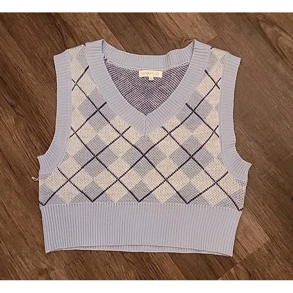 Ultra Flirt Sweater Vest Womens Medium Blue Plaid Academic College Preppy Crop T